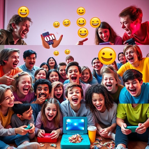 A vibrant split-screen montage filled with energetic teens laughing and reacting. Colorful game consoles, snacks scattered around. Iconic game moments freeze in mid-air - epic fails, hilarious reactions. Animated emojis and playful text overlays enhance the comedic atmosphere. Bright neon colors burst throughout, captivating a youthful audience, radiating joy and excitement.