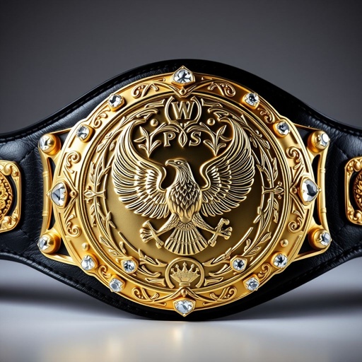 A magnificent wrestling belt displayed with a luxurious black leather strap, its gleaming circular gold plate takes center stage. Intricate engravings depict an eagle champion design, surrounded by striking eagle crests and symbols. Sparkling diamond gemstones adorn the edges, signifying prestige. Realistic art style highlights every exquisite detail, showcasing true craftsmanship.
