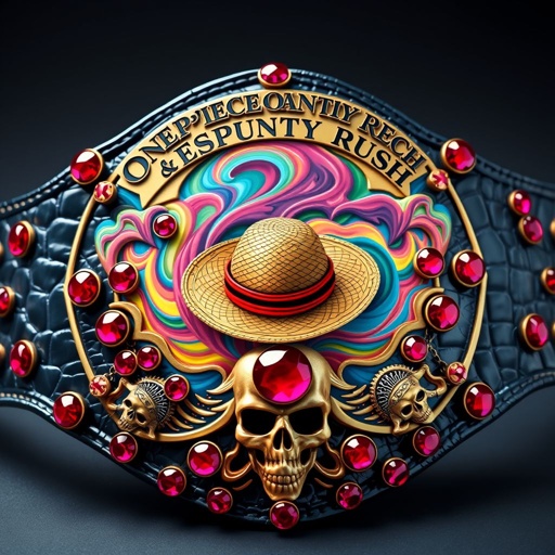 A luxurious alligator skin wrestling belt, adorned with vibrant ruby gemstones. In the center, a distinctive Straw Hat from “One Piece” surrounded by swirling colors. “One Piece Bounty Rush” arches above, while “4 Star VS Champ iFeedYouLead” flows gracefully below. Surrealist art style, featuring star-shaped plates and intricate skull crests, captivating and bold.