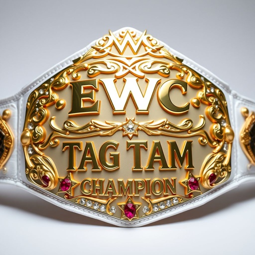 A lavish wrestling belt with a white cloth strap, radiating elegance. EWC logo gleaming above in intricate gold lettering. Below, "Tag Team Champion" etched in bold, showcasing prestige. Star-shaped plates adorned with ruby gemstones, sparkling under light. Rich gold accents enhance the luxury, embodying the spirit of victorious teamwork.