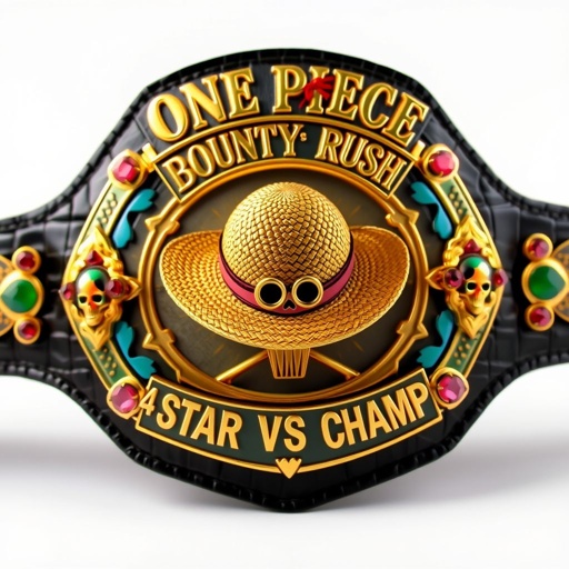 An opulent wrestling belt framed by alligator skin, luxurious and striking. At the center, a vibrant straw hat encapsulating the spirit of “One Piece.” Above, bold lettering reads “One Piece Bounty Rush.” Below, the title “4 Star VS Champ iFeedYouLead.” Glimmering gold accents, multicolor plates adorned with ruby gemstones, intricate skull crests.