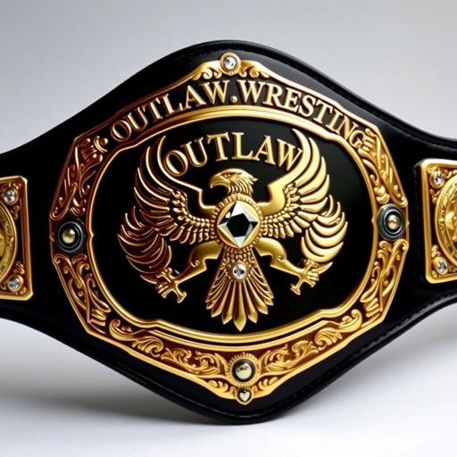 An imposing wrestling belt, emblazoned with the title "Outlaw Wrestling World Champion." Classic plate design gleams in radiant gold, framed by intricate eagle crests and symbols. A striking black leather strap complements the shield-shaped plate. Diamond gemstones sparkle amidst the design, evoking prestige and strength. Adult size, showcasing unmatched grandeur.
