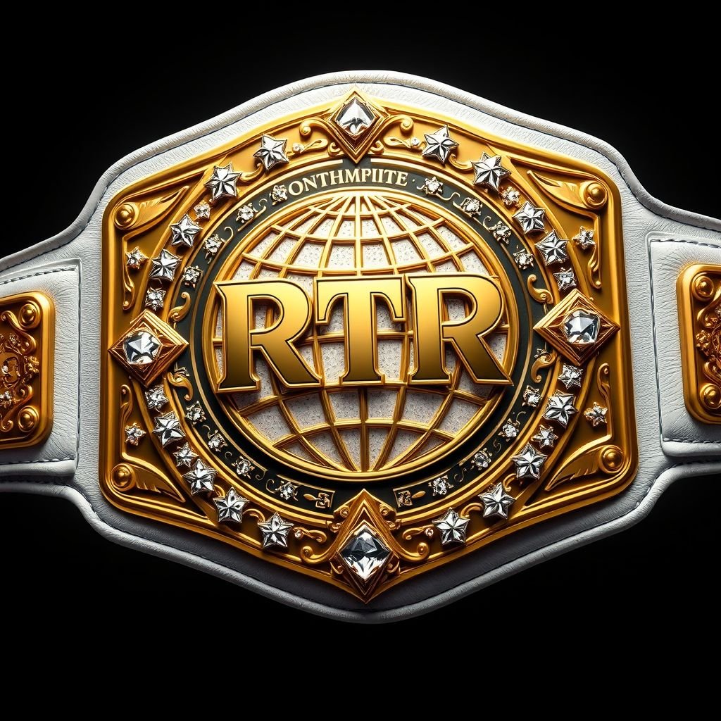 A stunning wrestling belt, representing the RTR Outercontinental Champion. Luxurious leather with a pristine white strap, featuring a bold rectangular gold plate. Intricate globe champion design adorned with sparkling crystal gemstones. Extra-large size emphasizes grandeur, while elegant star crests and symbols elevate the overall aesthetic. Realistic art style captures every detail.