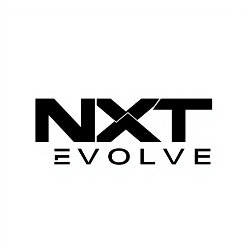 Logo design concept for "NXT EVOLVE," featuring a striking black and white color scheme. Minimalistic complexity presented through geometric shapes, smooth lines, and balanced proportions. Modern font style exuding sophistication and innovation. Subtle interplay of light and shadow adds depth, creating a dynamic visual impact while maintaining clarity and sleek elegance.