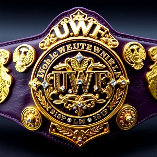 A vintage wrestling belt showcasing the UWF World Heavyweight Championship. Dark purple leather strap, adorned with intricate, uniquely shaped gold plates. Four side plates display elegant eagle and laurel motifs. A grand main plate, gleaming gold metal, features intricate designs, crowned with sparkling diamond gemstones, evoking a sense of champion prestige.
