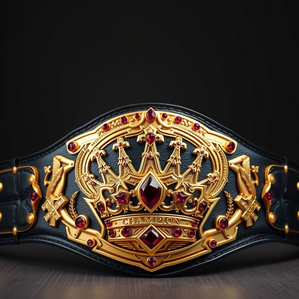 A magnificent wrestling belt, crafted from luxurious black leather, gleams with a large, intricately shaped gold plate. The plate features an ornate crown champion design, adorned with sparkling ruby gemstones. Cross crests and powerful symbols embellish the edges, radiating prestige. An impressive extra-large size, embodying strength and glory in realistic detail.