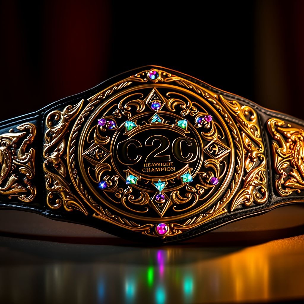 A gleaming wrestling championship belt, ornate gold plating, intricate engravings of mythical creatures along the sides. Rich, dark leather straps, textured for grip, contrasting with the bright shine. The center features a large, adorned circular emblem, showcasing the title "C2C Heavyweight Champion." Sparkling gems embedded, radiating colorful brilliance under dramatic lighting.