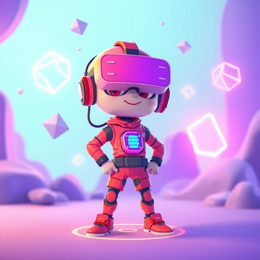 A cartoon character embodies artificial intelligence, dressed in vibrant red clothing, standing confidently in a futuristic virtual reality landscape. Surrounding the character, floating geometric shapes and neon lights illuminate the scene. A soft gradient of blue and purple hues fills the background, evoking a whimsical, tech-inspired atmosphere. Playful energy radiates.