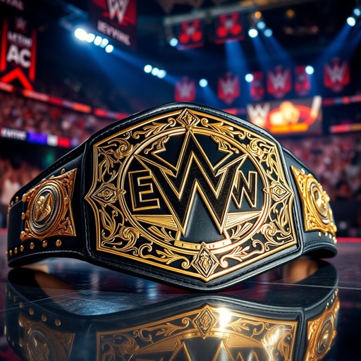 A gleaming wrestling belt adorned with intricate gold detailing, featuring the iconic EWWW logo at its center. Rich black leather straps woven with silver studs, a shimmering championship medallion showcasing athletic prowess. Brilliant lights reflecting from polished surfaces, an arena backdrop filled with cheering fans, vibrant banners, and intense energy permeating the atmosphere.