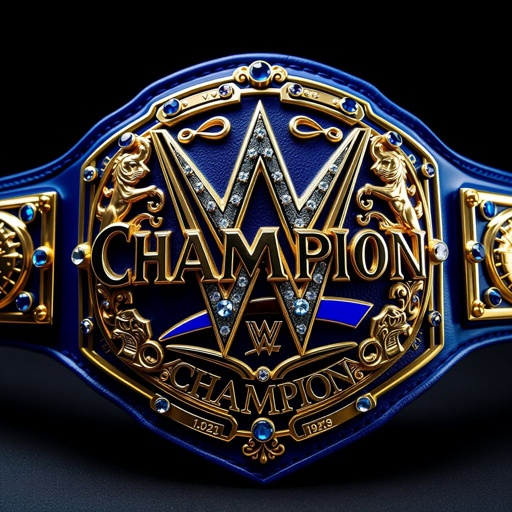 A striking wrestling belt, emblematic of WWE Junior Heavyweight glory. Luxurious leather, rich blue strap, gleaming gold plates. Modern design, bold "Champion" text prominently showcased. Adorned with dazzling sapphire gemstones, intricate lion crests, and majestic symbols. An air of power, prestige, and undeniable spirit emanating from this championship masterpiece.