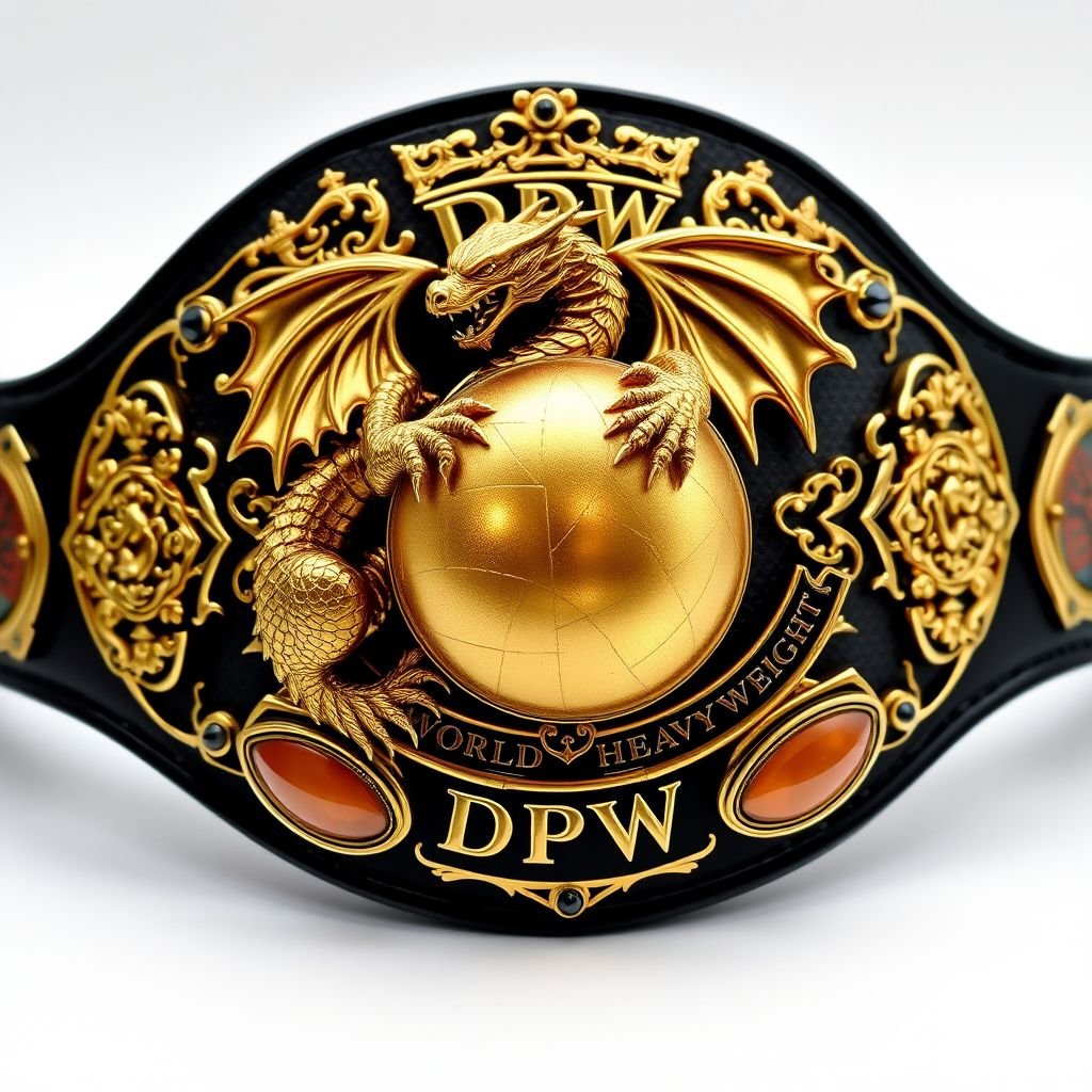 A dazzling wrestling belt, adorned with a golden dragon, fiercely clutching a shimmering globe. The DPW World Heavyweight title proudly displayed. A striking metal belt material, featuring an elegant black strap. Oval-shaped gold plates, intricately designed in gothic art style, embellished with agate gemstones, crowned with majestic crests and symbols. Adult size.