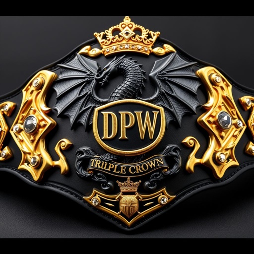 A luxurious wrestling belt featuring an imposing black dragon adorned with bold gold bolsters. A prominent DPW Triple Crown emblem, gleaming metal plate material, and an elegant black strap. Intricate gold plate accents, gothic art style embellishments, sparkling cubic zirconia gemstones, regal crown crests and symbols, capturing a powerful essence of prestige.