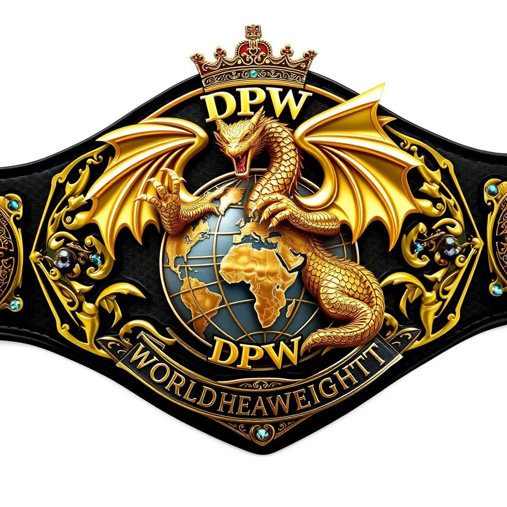 Wrestling belt design featuring a powerful gold dragon, its claws grasping a detailed world globe. DPW World Heavyweight designation prominently displayed. Metal belt material gleams, black strap providing contrast. Oval plate shape adorned with intricate gothic art, agate gemstones sparkling. Crown crests and symbols adding regal flair, adult size for champions.