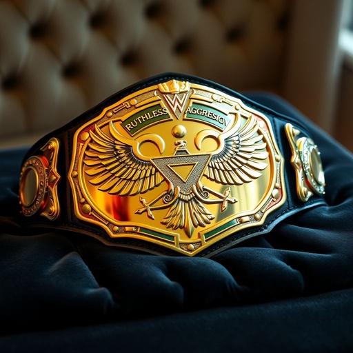 An imposing wrestling title belt rests on a plush velvet display. The gleaming gold surface shines under soft lighting, showcasing intricate eagles motifs flanking a central emblem. Rich black leather contrasts with the radiant gold, while the custom shape boasts sharp angles. A testament to Ruthless Aggression, dominance personified.