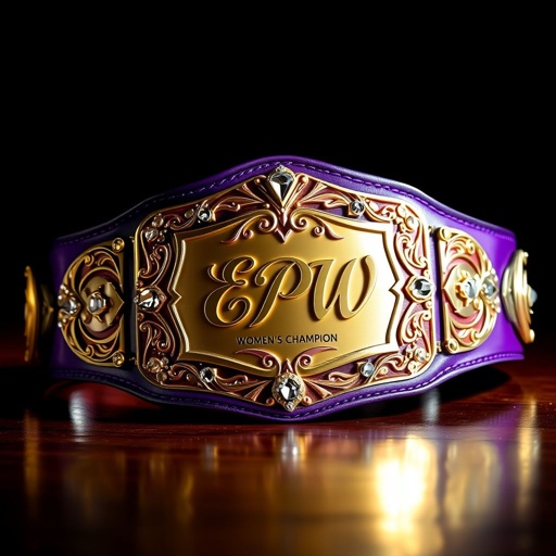 A dazzling wrestling belt adorned with intricate patterns and sparkling gemstones. A bold, golden plate at the center displays “EPW Women’s Champion” in elegant, swirling script. Rich purple and silver leather straps cradle the centerpiece, radiating strength and elegance. Surrounding the belt, a dramatic spotlight casts shimmering reflections on the polished surface.