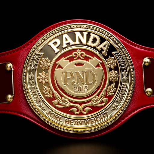 A striking wrestling belt featuring the PANDA World Junior Heavyweight emblem. Luxurious leather material forms the foundation, with a vibrant red strap that highlights elegance and power. The classic circular plate showcases a gleaming gold finish, intricate designs embossed, and symbols of strength, embodying the spirit of fierce competition and honor.