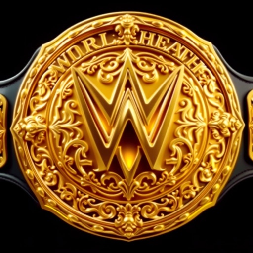 A stunning gold 1980s WWE styled World Heavyweight Champion title belt. At the center, a remarkable, stylized penis surrounded by ornate filigree patterns. An intricate plate shape, gleaming gold plate color, and grand size highlight the prestigious design. Realistic art style emphasizes the craftsmanship and opulence of this unique championship belt.