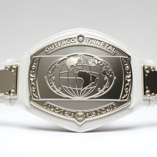 A striking Outercontinental Champion wrestling belt featuring a glossy white leather strap. The centerpiece is a large, rectangular silver plate, modern in design. Intricate globe motifs adorn the plate. No gemstones embellish the belt, emphasizing its sleek elegance. The overall appearance exudes prestige and athletic achievement, a true icon of victory.