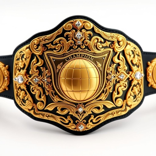 A majestic wrestling belt, featuring intricate gold plates with elegant engravings. A sleek black strap complements the regal design. Shield-shaped plates adorned with a globe champion motif and adorned with sparkling diamond gemstones. Star crests and symbols embellish, conveying a sense of prestige. An exquisite embodiment of modern Art Nouveau elegance.