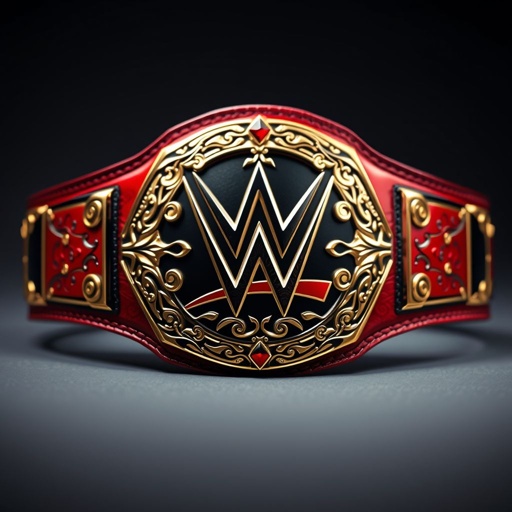 A prestigious wrestling belt, Nismo-inspired, gleaming in red, black, and gold. Intricate patterns adorn the leather, reflecting the spirit of champions. The central plate showcases the iconic WWE emblem, surrounded by ornate filigree. Bordered by bold, glossy accents, the strap exhibits a fusion of elegance and power, symbolizing ultimate victory and prestige.
