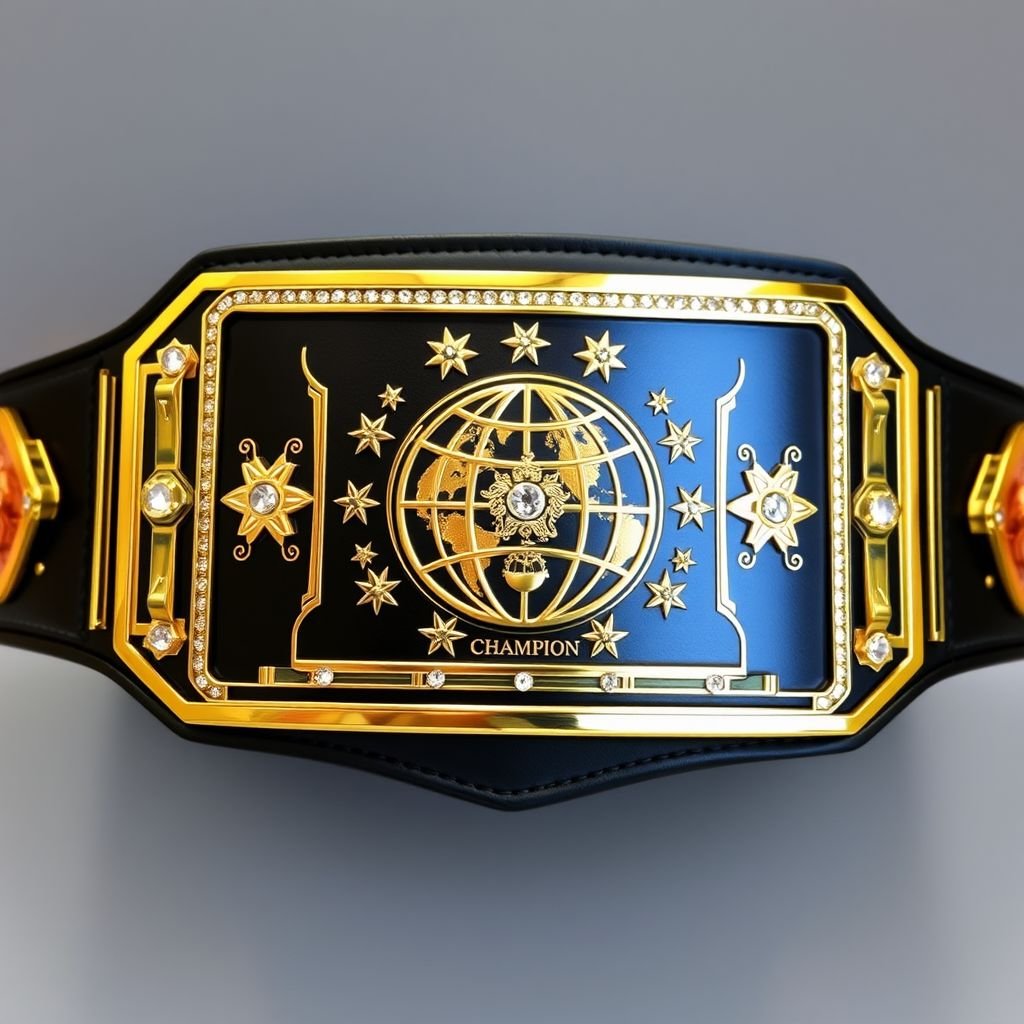 A wrestling belt, RTR Outercontinental Champion, crafted from luxurious black leather. A modern, rectangular gold plate dominates the center, accented with sparkling crystal gemstones. A refined globe champion design, showcasing intricate star crests and bold symbols, adorns the surface. A sleek white strap adds contemporary flair, emphasizing the belt's extra-large size.