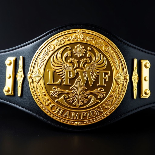 A distinguished wrestling belt highlighted by a black strap, sturdy and bold. The shimmering gold circular plate, adorned with intricate vintage designs, proudly displays the name "LPWF" alongside "Champion" text. Phoenix crests and symbols elegantly etched into the surface, radiating strength and legacy, embodying the heavyweight division's prestige and honor.