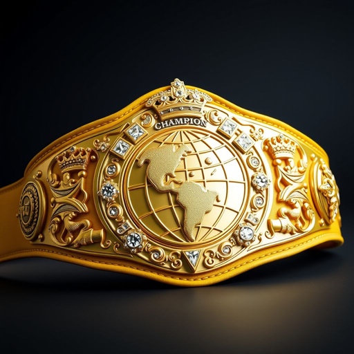 A luxurious wrestling belt, VWF Universal Ultimate Golden Sovereign Championship. Rich yellow leather strap, intertwined with intricate stitching. Bold gold plate, showcasing a majestic globe champion design. Sparkling diamond gemstones embedded in ornate shapes. Grand size, adorned with regal crown crests and symbolic elements. An emblem of victory and prestige.
