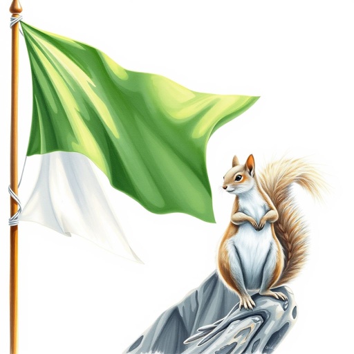 An abstract artwork featuring a flowing white and green flag, rippling in the breeze beside a stylized, bald squirrel perched with curiosity. Mythical motifs intertwine within the composition. Soft dawn light subtly enhances the tetradic color palette. Smooth pencil strokes capture elegance, while the golden ratio guides the serene aerial perspective.