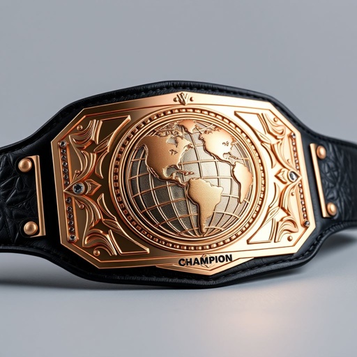 A majestic wrestling belt, luxurious leather texture, sleek black strap, a rectangular plate showcasing a modern design. Gleaming rose gold plate, intricate globe champion engraved detail, realistic art style, no gemstones adorning the surface, an imposing extra-large size, minimalist elegance without crests or symbols, a true symbol of prestige and victory.