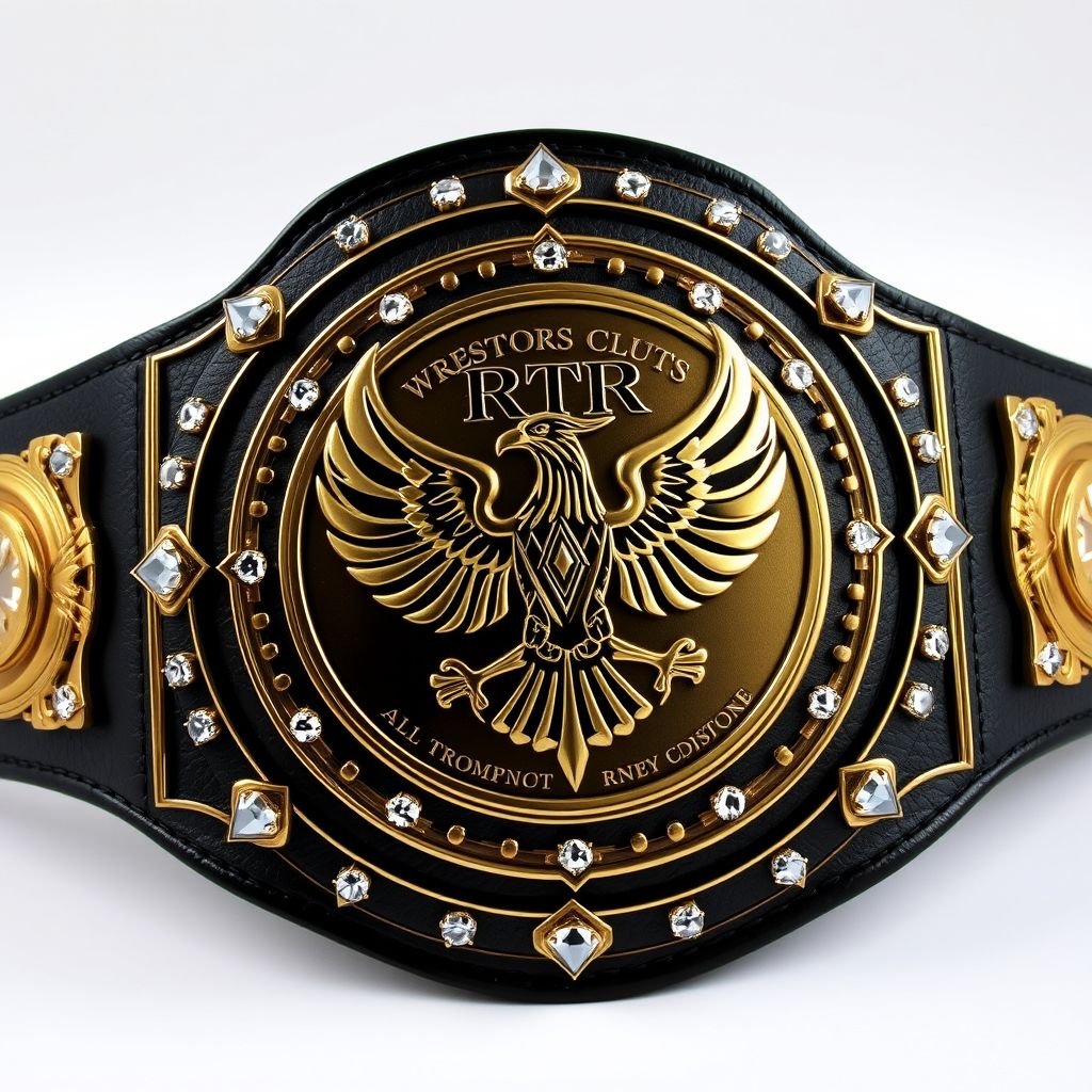 A striking wrestling belt, RTR Champion, crafted from rich black leather. Circular gold plate prominently displays an intricate eagle design, symbolizing strength and victory. Sparkling diamond gemstones embellish the edges, adding a touch of luxury. The extra-large size demands attention, while the absence of crests maintains an air of elegance and prestige.