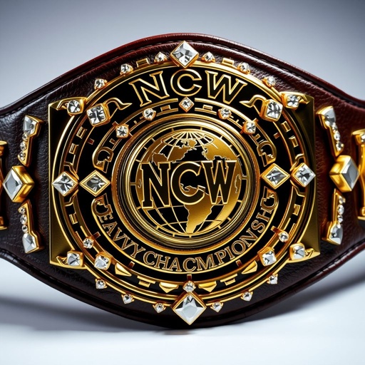 A dazzling wrestling belt, symbol of the NCW World Heavyweight Championship. Rich, dark leather envelops a sturdy structure. Vintage circular plate design gleams in bright gold. Cartoonish globe champion motif at the center. Radiant diamond gemstones embedded along the edges. Large scale, exuding power and prestige, an iconic representation of triumph.