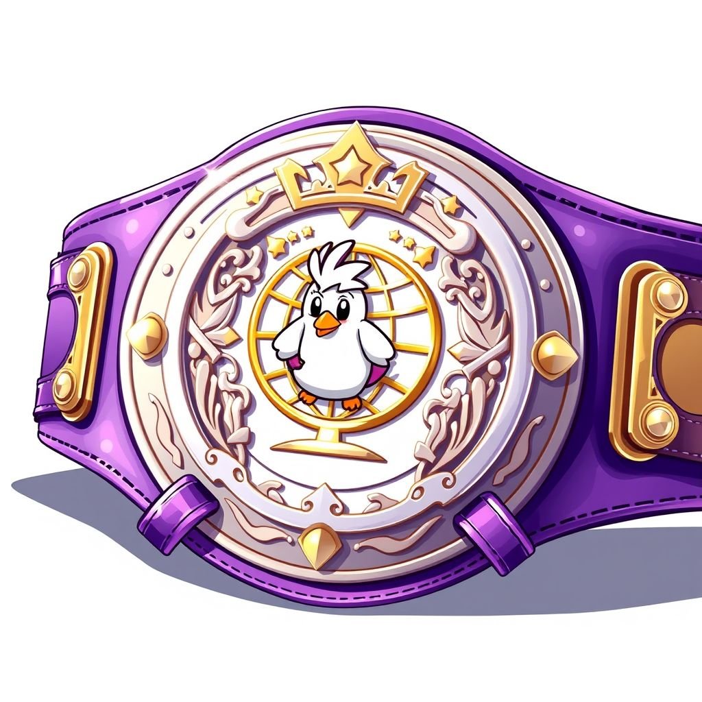 A whimsical wrestling belt featuring a round white plate, intricately designed with a globe champion motif. A playful Moogle icon adds charm, nestled centrally. Rich purple leather straps glisten, radiating a sense of novelty. Anime art style enhances the overall whimsicality, blending fantasy and competition in a vibrant showcase of imagination.