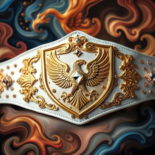 A grand wrestling belt crafted from supple white leather, featuring a prominent shield-shaped gold plate. Intricate engravings of eagle champions adorn the surface, accented by dazzling diamond gemstones. The surrealist art style introduces whimsical touches, with flaming phoenix crests and symbols, amplifying the belt's majesty and larger-than-life presence amidst swirling colors.