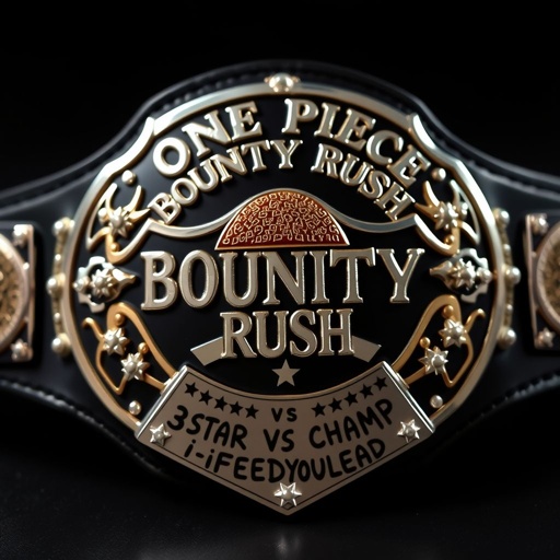 A championship wrestling belt, vinyl texture shining under light. A straw hat, iconic from "One Piece," centered prominently. Above, bold letters proclaim “One Piece Bounty Rush.” Below, an engraved plate details “3 Star VS Champ iFeedYouLead.” Black strap encircling, silver shield plate gleaming, adorned with sparkling pearl gemstones and star crests.