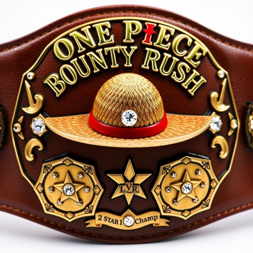 A wrestling belt, crafted from rich brown leather, showcases a prominent straw hat at its center, iconic from "One Piece." Above the hat, the bold phrase "One Piece Bounty Rush" gleams, while below, “2 Star 1 vs 1 Champ” elegantly sits. Engraved plates, bronze-tone, feature shield shapes, adorned with sparkling rhinestone gemstones and intricate star crests. A champion’s emblem radiates prestige.