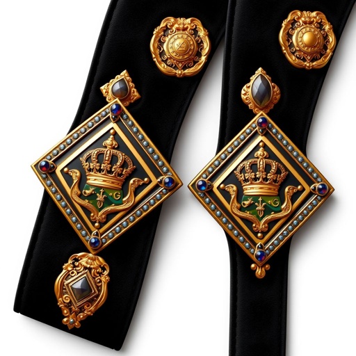 A pair of luxurious mixed tag title belts, featuring an opulent black strap. Plates shimmer in gold, adorned with intricate crown crests and symbolic motifs. Diamond-shaped design, medium-sized, embellished with stunning agate gemstones. Velvet belt material adds richness, slight coloration enhancing the elegance. Realistic art style captures every intricate detail.