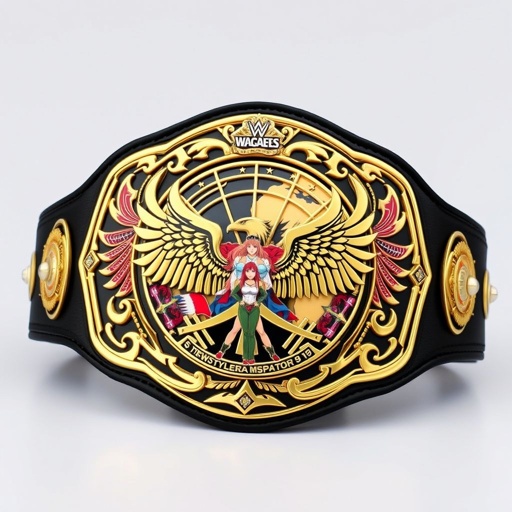 A modern wrestling belt with a sleek black strap, featuring an intricate gold plate shaped like a stylized globe. Embellished with vibrant anime art style, showcasing fierce female wrestlers. Eagle crests and symbols elegantly decorate the plate, signifying strength and unity. Medium-sized, bold, and eye-catching, embodying championship prestige.