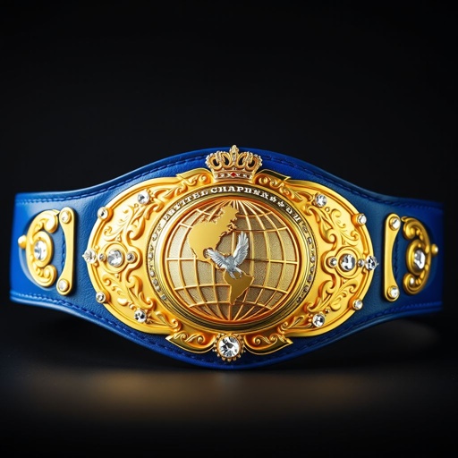 A magnificent wrestling belt, crafted from luxurious leather, exhibits a striking blue strap. The oval gold plate gleams, adorned with an intricate globe champion design. Sparkling diamond gemstones accentuate its elegance, while ornate crown crests and symbols embellish the plate, capturing the essence of victory. Realistic craftsmanship shines brilliantly.