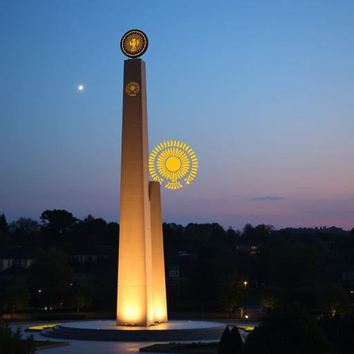A towering 15-meter obelisk stands proudly in the heart of Paris, adorned with intricate symbols of the Kazakhstan flag. Atop, a round disk, 150 cm in diameter, showcases a golden eagle and radiant sun, illuminated from within, casting soft, enchanting glows. Surrounding gardens enhance the majestic atmosphere.