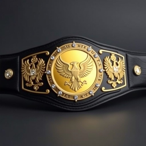 A bold wrestling belt composed of sleek black leather, its strap exhibiting a supple texture. At the center, a striking circular gold plate captures attention, intricately engraved with an eagle champion design. Surrounding the eagle, shimmering diamond gemstones add a touch of luxury, flanking decorative eagle crests and symbols, emphasizing prestige.