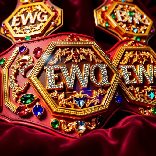 Championship belts glimmering in radiant gold, showcasing luxurious design elements. Large hexagon shapes adorned with intricate artistic text, each letter shimmering in elegance. Surrounded by vibrant gem embellishments, reflecting hues of deep blue, rich emerald, and fiery red. A backdrop of velvet, enhancing the opulent display, exuding a sense of victory and prestige.