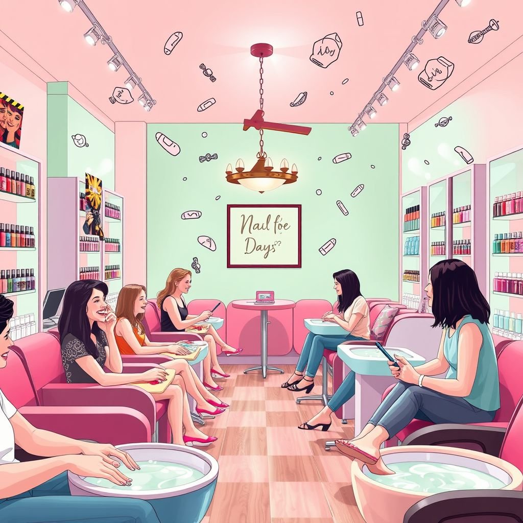 Vibrant nail salon interior, inviting ambiance, pastel pink and mint green walls, cozy seating areas, customers laughing, colorful nail polish displays, intricate nail art samples, soft lighting casting gentle shadows, hands adorned with beautifully manicured nails, feet soaking in luxurious pedicure bowls, whimsical hand-drawn animated elements floating, playful patterns swirling around.