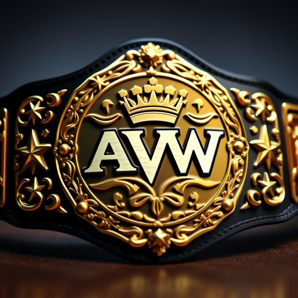 A wrestling belt featuring the AVW logo prominently displayed at the center. Classic plate design with intricate, ornate edges. Gold plate shimmering under soft light. Crown champion design etched skillfully, radiating excellence. Star crests and symbols adorning the sides, each with its own unique detail, highlighting the essence of victory and tradition.