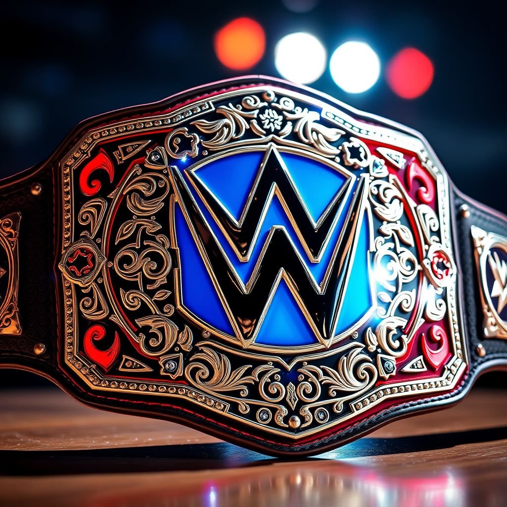 A dazzling wrestling championship belt, showcasing intricate engravings of dynamic patterns and symbols representing global icons. A sleek, modern design glistens under bright lights, adorned with vibrant colors of electric blue and fiery red. The luxurious leather strap, rich and textured, contrasts strikingly with the bold metallic elements, exuding an aura of fierce competition.