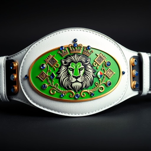 A wrestling belt of luxurious leather, adorned with a minimalistic oval plate in vivid green. The white strap contrasts elegantly, while a bold lion champion design commands attention. Surrounding the lion, vibrant sapphire gemstones twinkle. Shield crests and intricate symbols embellish the plate, encapsulating a surrealist art style in striking detail.