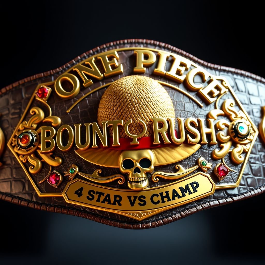A luxurious wrestling belt, alligator skin texture shimmering under light. Centered, a vibrant straw hat from "One Piece." Above, bold letters declare "One Piece Bounty Rush," while beneath, “4 Star VS Champ iFeedYouLead” elegantly curves. Golden plates glisten, adorned with multicolored accents and ruby gemstones, accented by striking skull crests and symbols.
