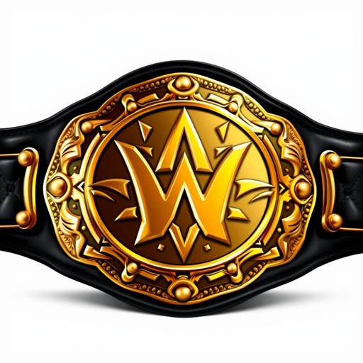 A championship wrestling belt featuring a supple leather strap in deep black. The centerpiece showcases an edgy, serrated plate design, gleaming in luxurious gold. Intricate detailing along the edges emphasizes strength and victory. The overall aesthetic exudes a bold, fierce attitude, capturing the essence of competition and determination in a realistic art style.