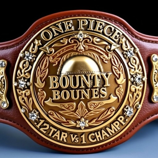 A wrestling belt adorned with a rich brown leather strap. At the center, an iconic straw hat from “One Piece.” Above the hat, bold letters proclaim “One Piece Bounty Rush.” Below, the words “2 Star 1 vs 1 Champ.” A gleaming bronze shield plate with intricate engraving, surrounded by sparkling rhinestone gemstones, star crests, and championship symbols.