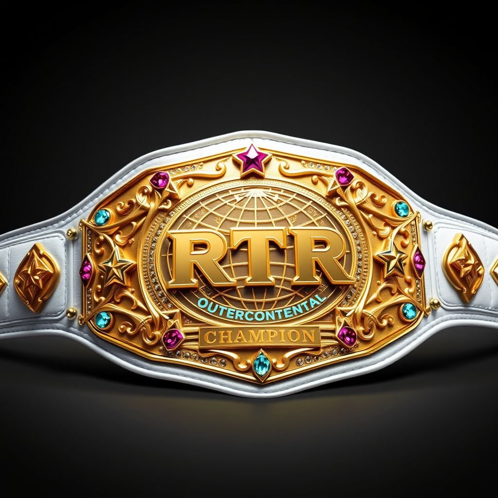 A stunning wrestling belt elegantly displayed, designated as RTR Outercontinental Champion. Luxurious leather complemented by a pristine white strap. A bold rectangular gold plate glistening with intricate globe champion designs. Adorned with vibrant crystal gemstones. Large star crests and symbols embellishing the design. Realistic art style enhancing the opulence and prestige.