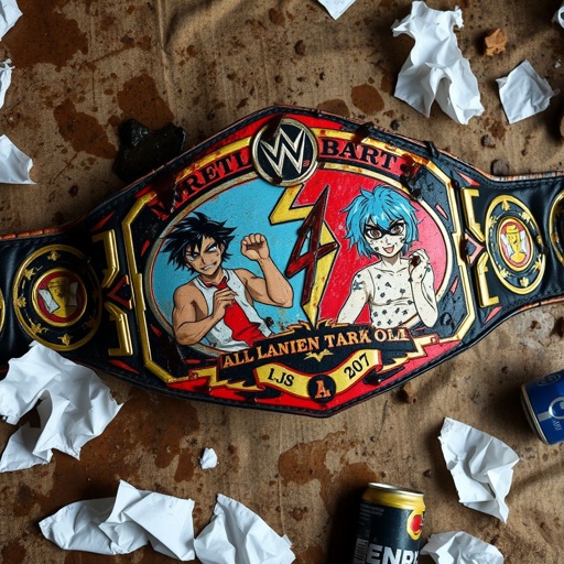 A tarnished wrestling belt, glistening with wet stains and grime, lies on a grimy canvas. The leather, once pristine, now appears sticky and neglected. Vibrant anime-style illustrations adorn the belt, featuring a fierce competitor and a defeated loser. Surrounding debris—crumpled papers and empty energy drink cans—underscore the gritty atmosphere of competition.